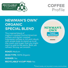 Newman's Own Organic Special Blend box shows 48-count packaging and Keurig compatibility.