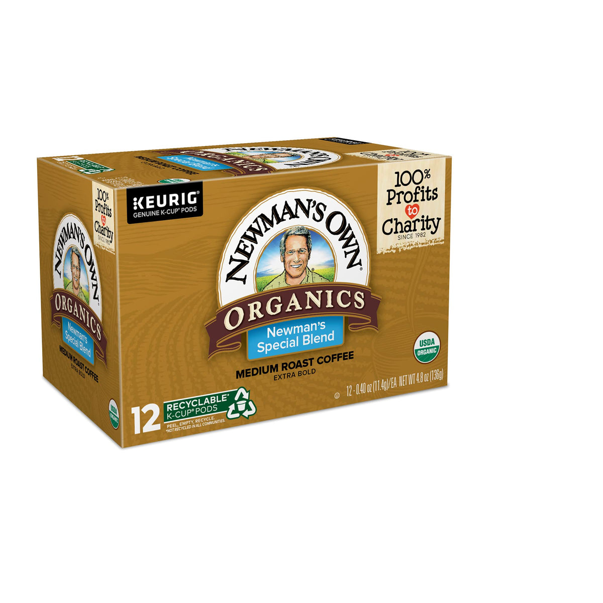 Newman's Own Organic Special Blend coffee pod brewed into a cup.