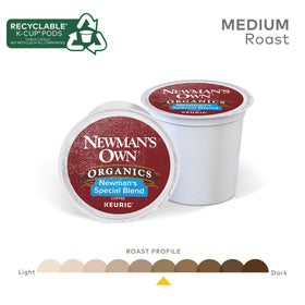 Newman's Own Organic Special Blend coffee pod on counter ready to brew.