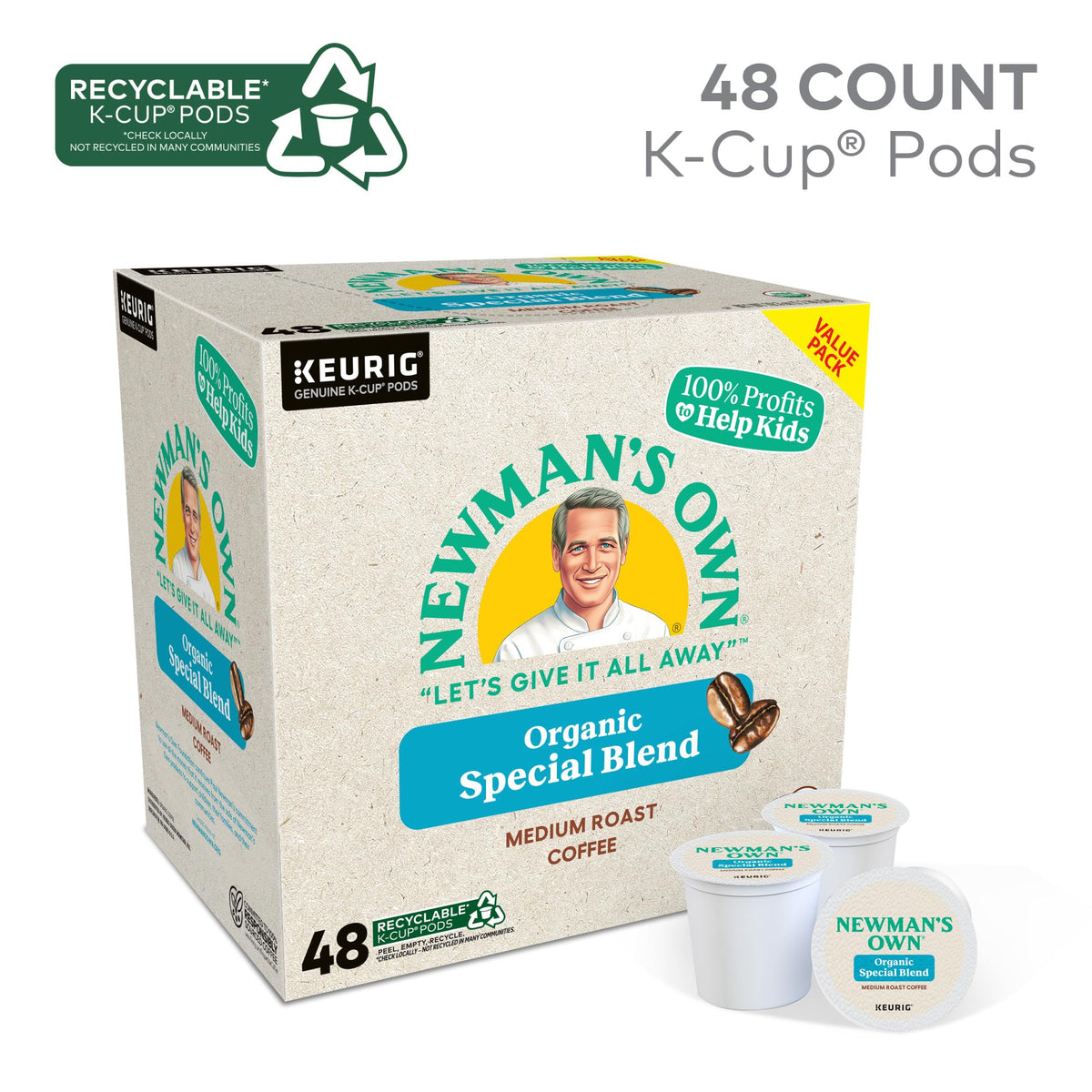Newman's Own Organic Special Blend packaging highlights organic certification and charity support.