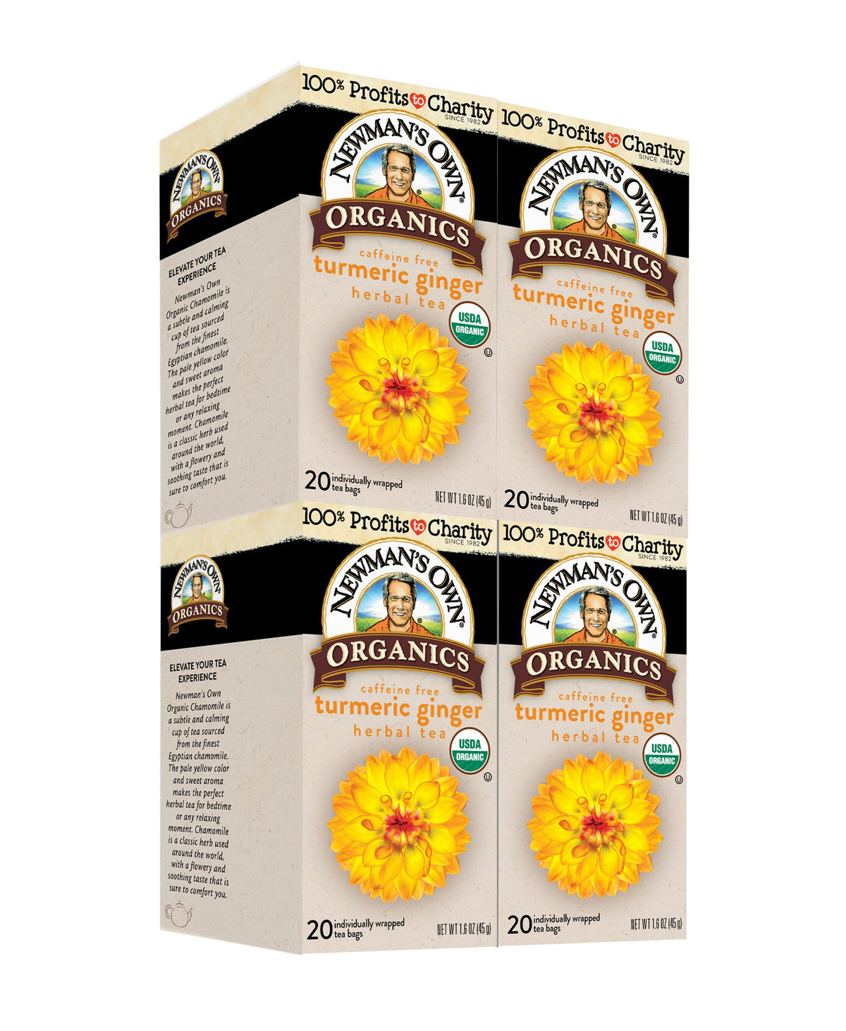 Newman's Own Organic Turmeric Ginger Tea bags closeup for a soothing afternoon ritual