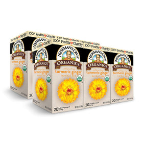 Newman's Own Organic Turmeric Ginger tea box shows the six-pack for freshness.