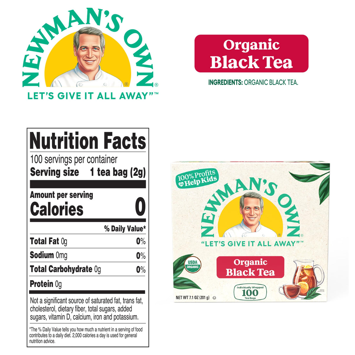 Newman's Own Organic Black Tea sourced from estates in India and Africa for bold flavor