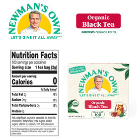 Newman's Own Organic Black Tea sourced from estates in India and Africa for bold flavor