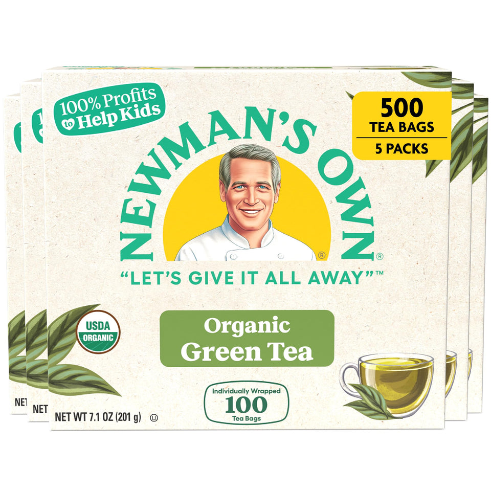Newman's Own Organic Green Tea bags, foil-lined for freshness and convenience.