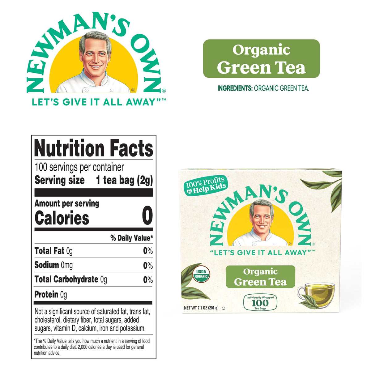 USDA Organic and Kosher certification seals on Newman’s Own Organic Green Tea packaging.