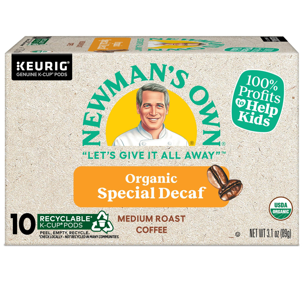 Newman's Own Organic decaf aroma captured with steam rising from mug.