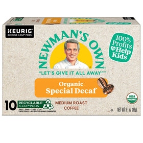 Newman's Own Organic decaf aroma captured with steam rising from mug.