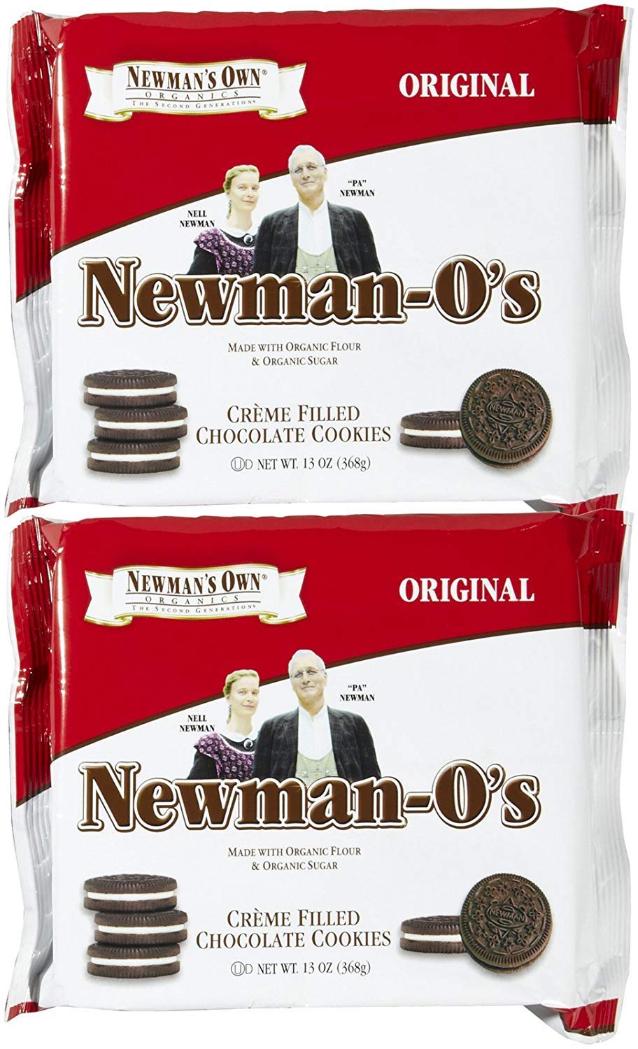 Newman's Own Organics chocolate vanilla creme cookie two-pack pack-shot, ideal for gifting.