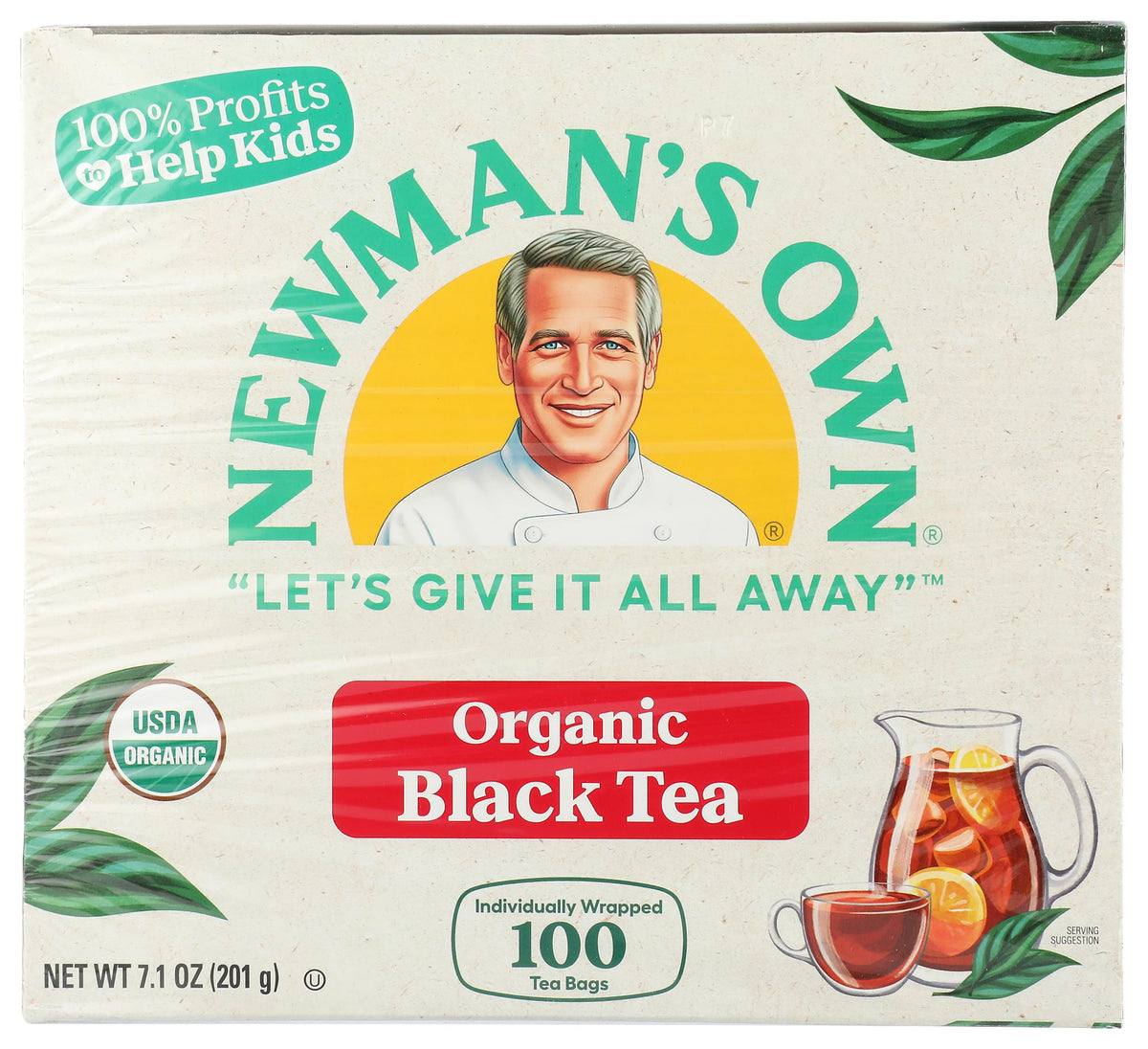 Newman's Own Organics Royal Black Tea box with 100 bags ready for brewing.
