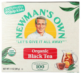 Newman's Own Organics Royal Black Tea box with 100 bags ready for brewing.
