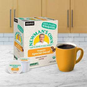 Newman's Own Organic Special Blend Decaf brew in a mug, ideal for a relaxed break.