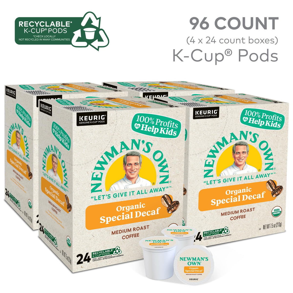 Newman's Own Organic Special Blend Decaf coffee box displaying organic and kosher certifications.
