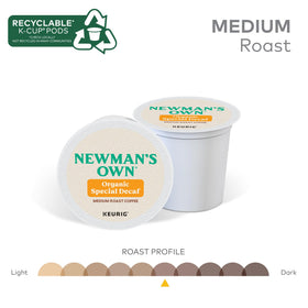 Newman's Own Organic Special Blend Decaf K-Cup pod closeup highlighting rich roast tones.