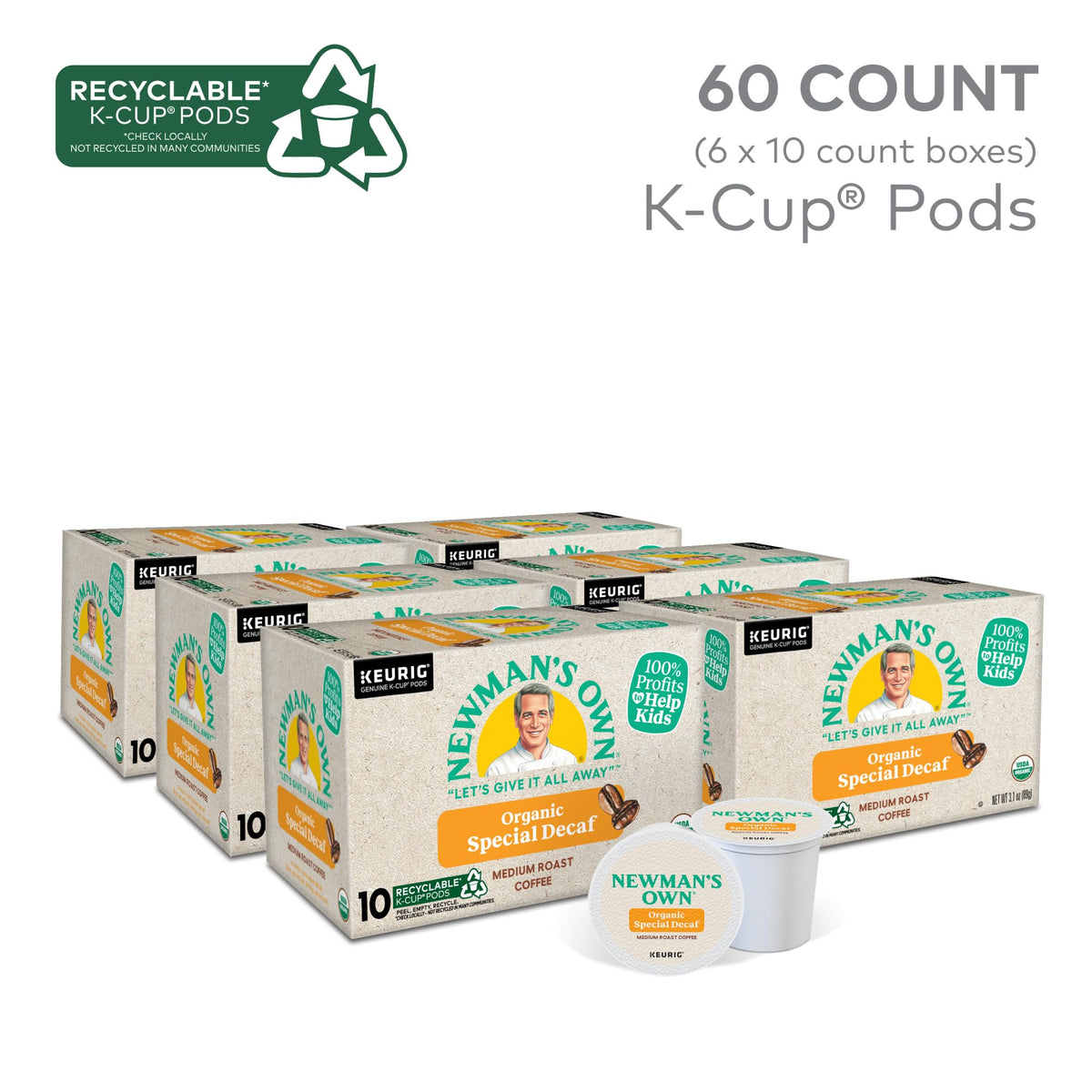 Newman's Own Organic Special Blend Decaf K-Cup Pod close-up highlights rich roast notes.