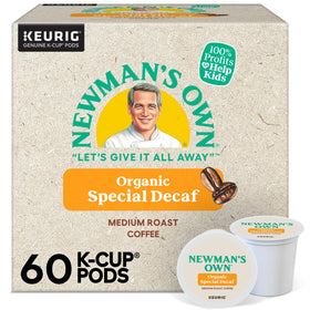 Newman's Own Organic Special Blend Decaf K-Cup Pods front packaging highlights decaf flavor and body.