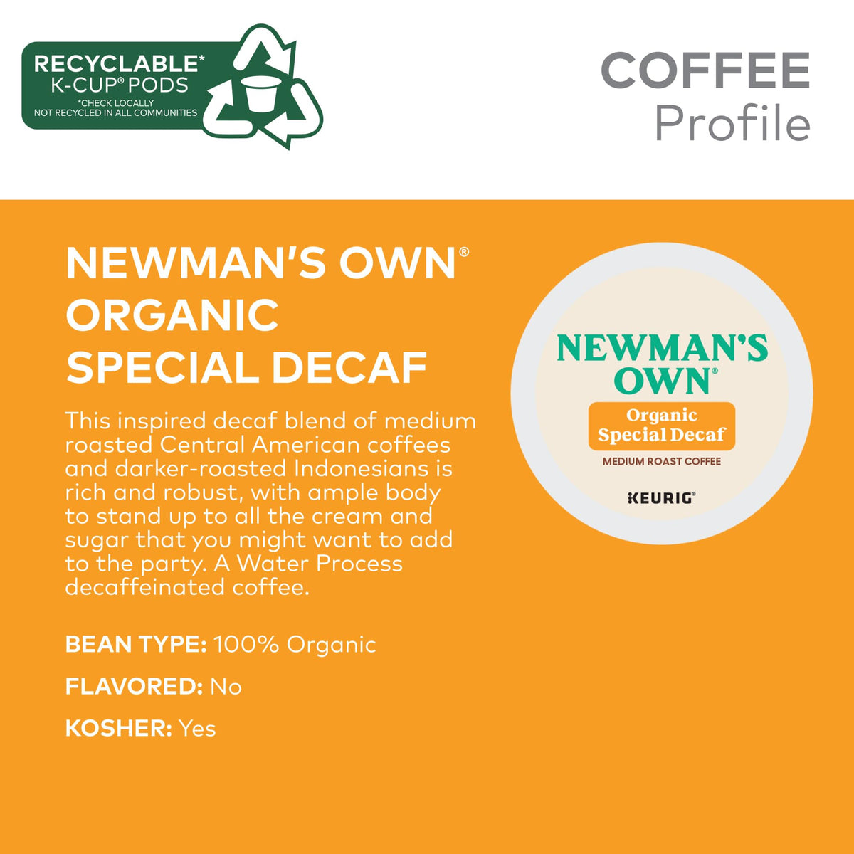 Newman's Own pods with recycling icon indicate community recyclability.