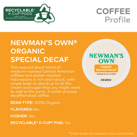 Newman's Own Organic Special Blend Decaf mug with steam shows aromatic, smooth brew.