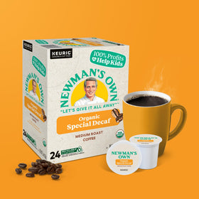Newman's Own Organic Special Blend Decaf recyclable pod visual promoting sustainable disposal.