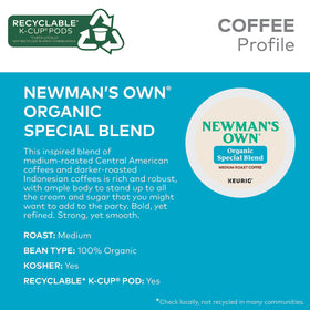 Newman's Own Organics Special Blend box front highlights bold flavor for Keurig lovers