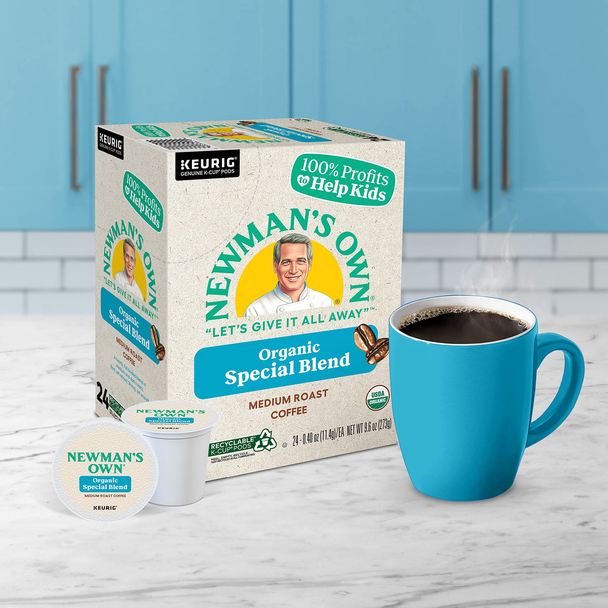 Newman's Own Organics Special Blend K-Cups steaming cup ready in minutes for a reliable pick-me-up