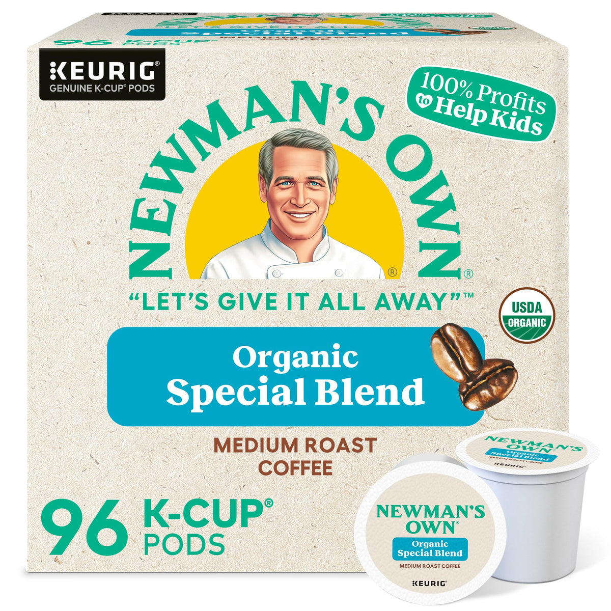 Newman's Own Organics Special Blend K-Cup pod close-up showing bold single-serve coffee