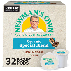 Newman's Own Organics Special Blend K-Cup pods packaging highlights organic certification and sustainability