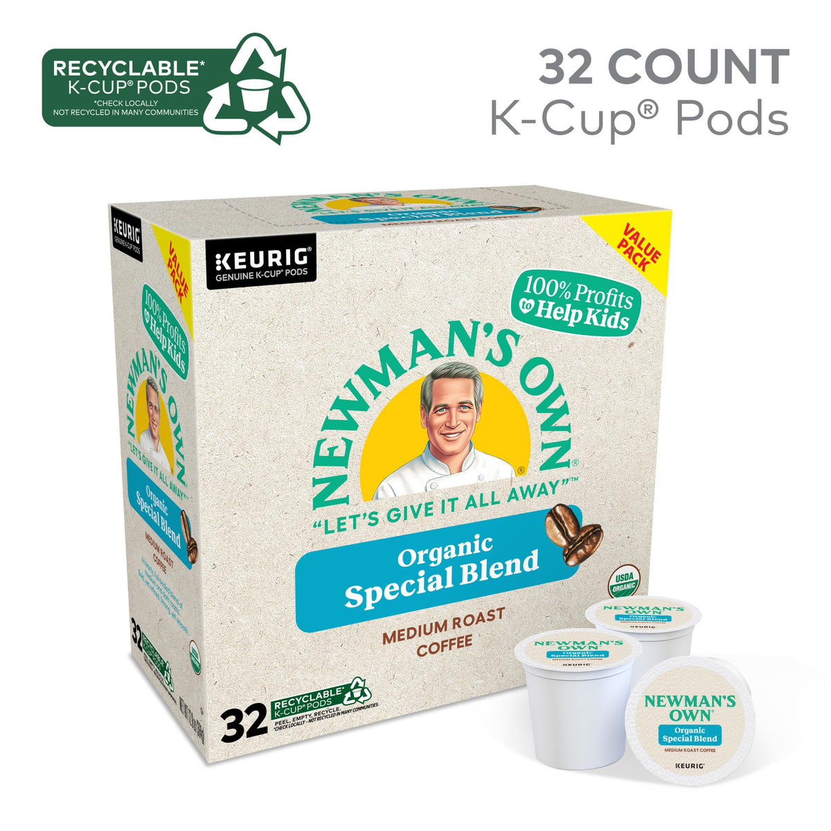 Steaming cup of Newman's Own Special Blend from K-Cup pods for a robust flavor