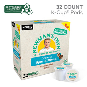 Steaming cup of Newman's Own Special Blend from K-Cup pods for a robust flavor