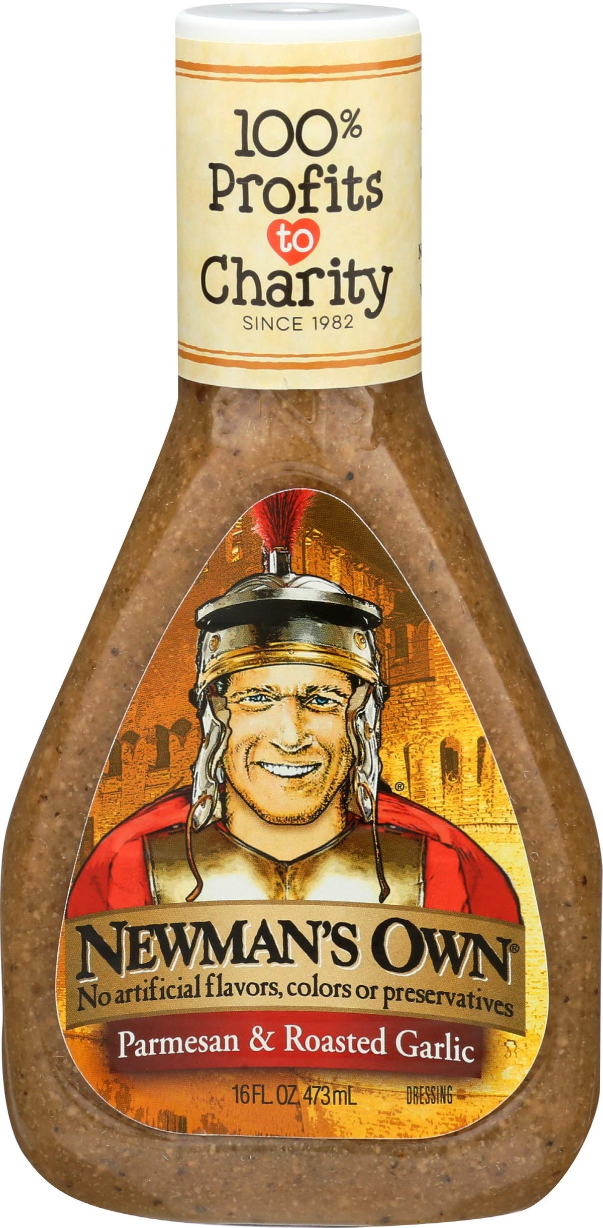 Newman's Own Parmesan & Roasted Garlic dressing bottle ready to dress fresh greens.