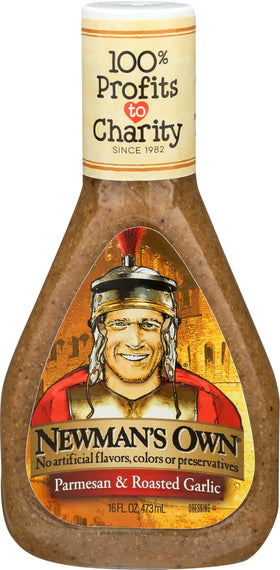Newman's Own Parmesan & Roasted Garlic dressing bottle ready to dress fresh greens.