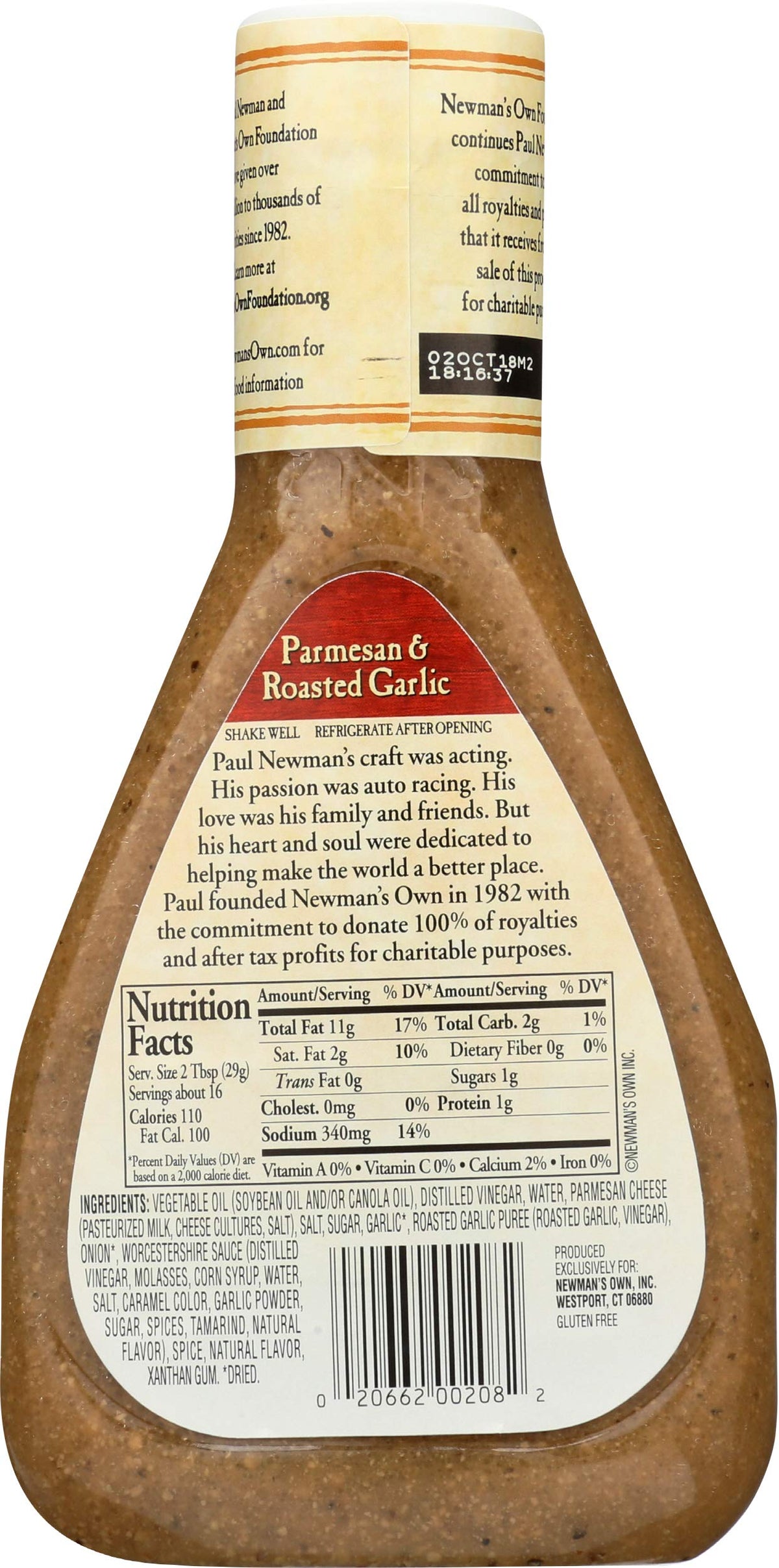 Close-up of the Newman's Own label on Parmesan & Roasted Garlic dressing.