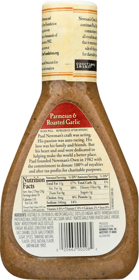 Close-up of the Newman's Own label on Parmesan & Roasted Garlic dressing.