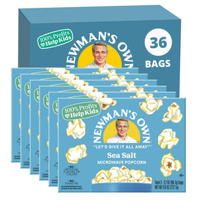 Newman's Own Sea Salt Microwave Popcorn bag packshot highlighting gluten-free, simple ingredients.