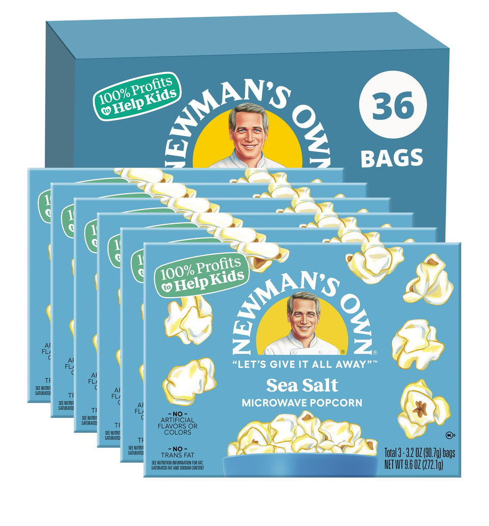 Newman's Own Sea Salt Microwave Popcorn bag packshot highlighting gluten-free, simple ingredients.