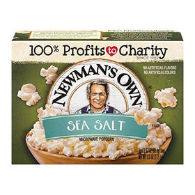 Newman's Own Sea Salt Popcorn box front, perfect for quick, savory movie-night snacking.