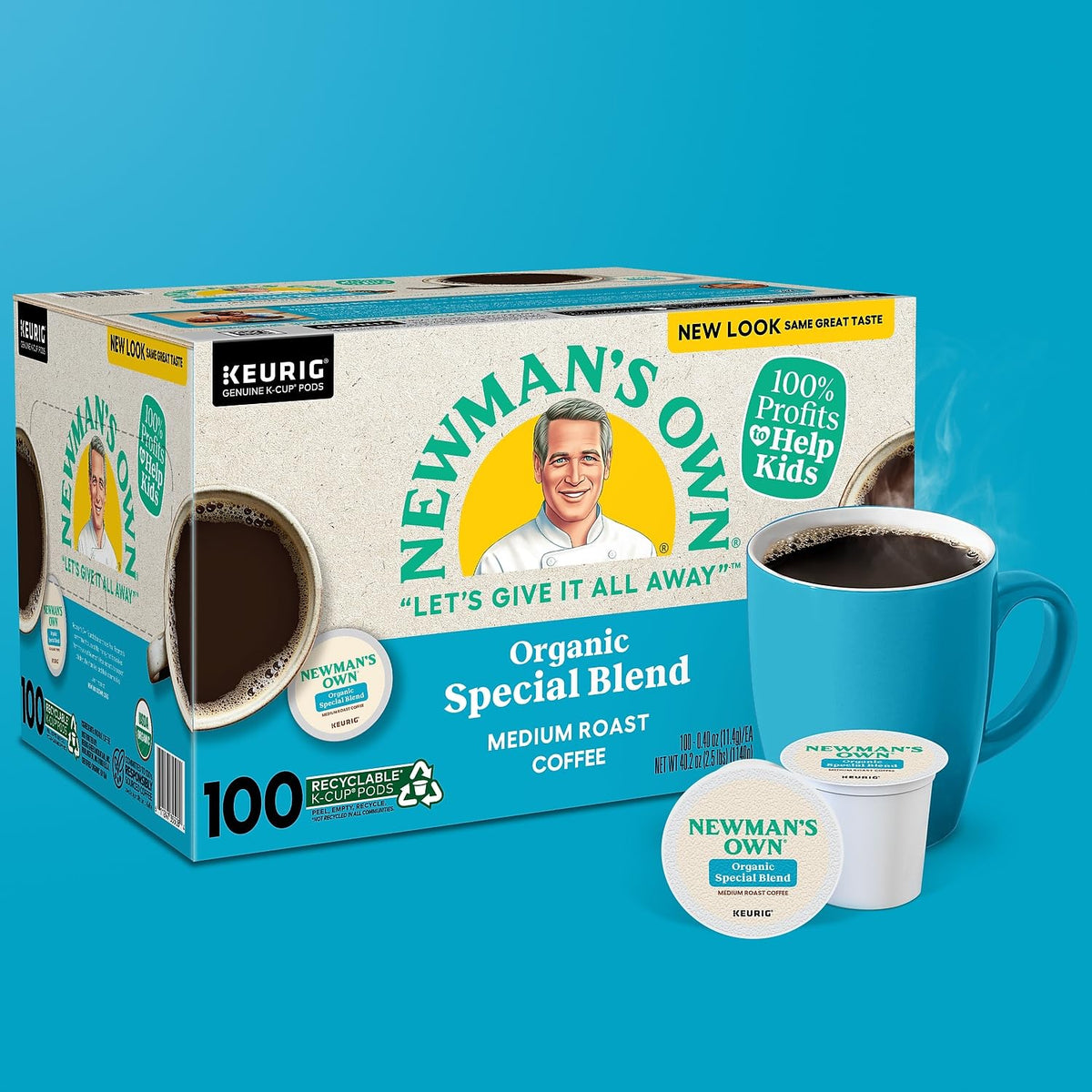 Fresh cup poured from Newman's Own Special Extra Bold Blend; aroma fills kitchen.