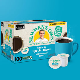 Fresh cup poured from Newman's Own Special Extra Bold Blend; aroma fills kitchen.