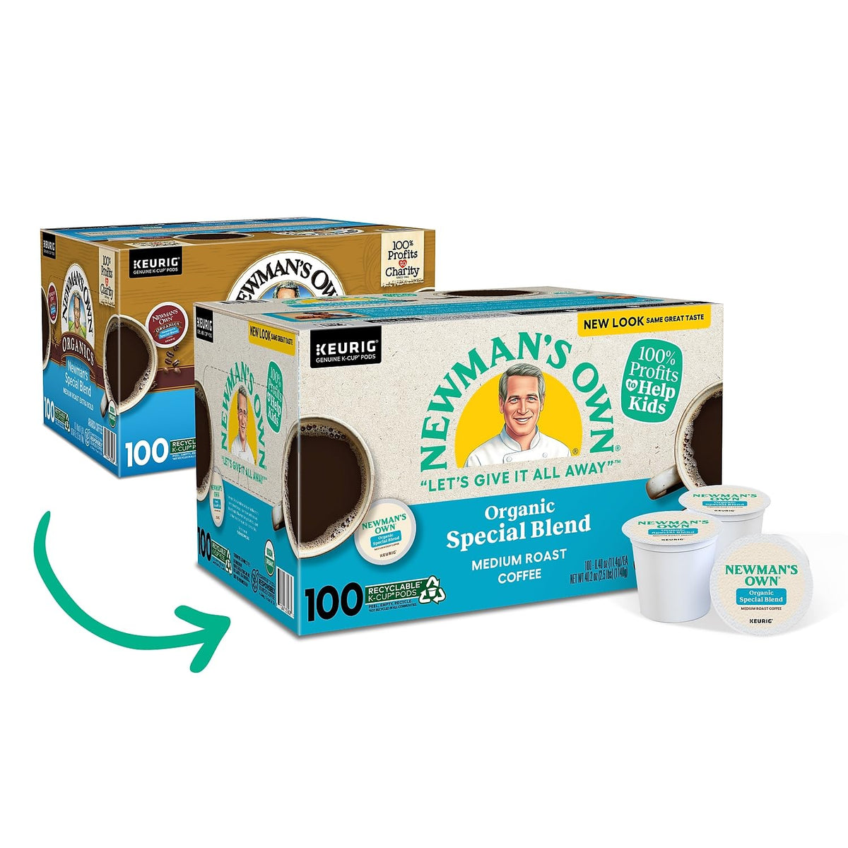 Box of Newman's Own Special Extra Bold Blend K-Cups on pantry shelf for quick access.