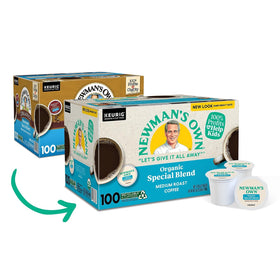 Box of Newman's Own Special Extra Bold Blend K-Cups on pantry shelf for quick access.