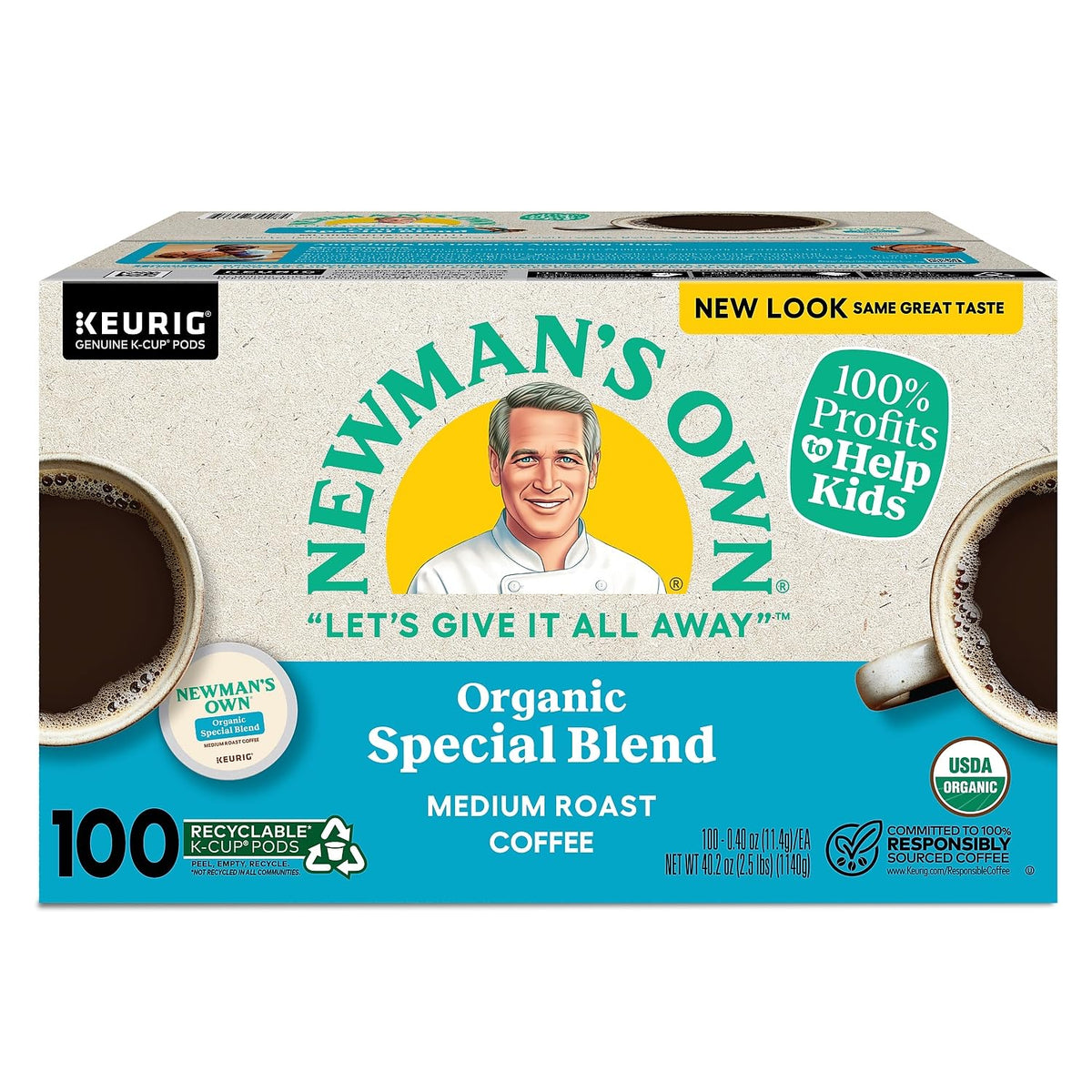 K-Cup inside a Keurig brewing system with Newman's Own blend ready in minutes.