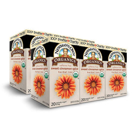 Newman's Own Organic Sweet Cinnamon Spice Tea boxes show a comforting herbal blend for cozy mornings.