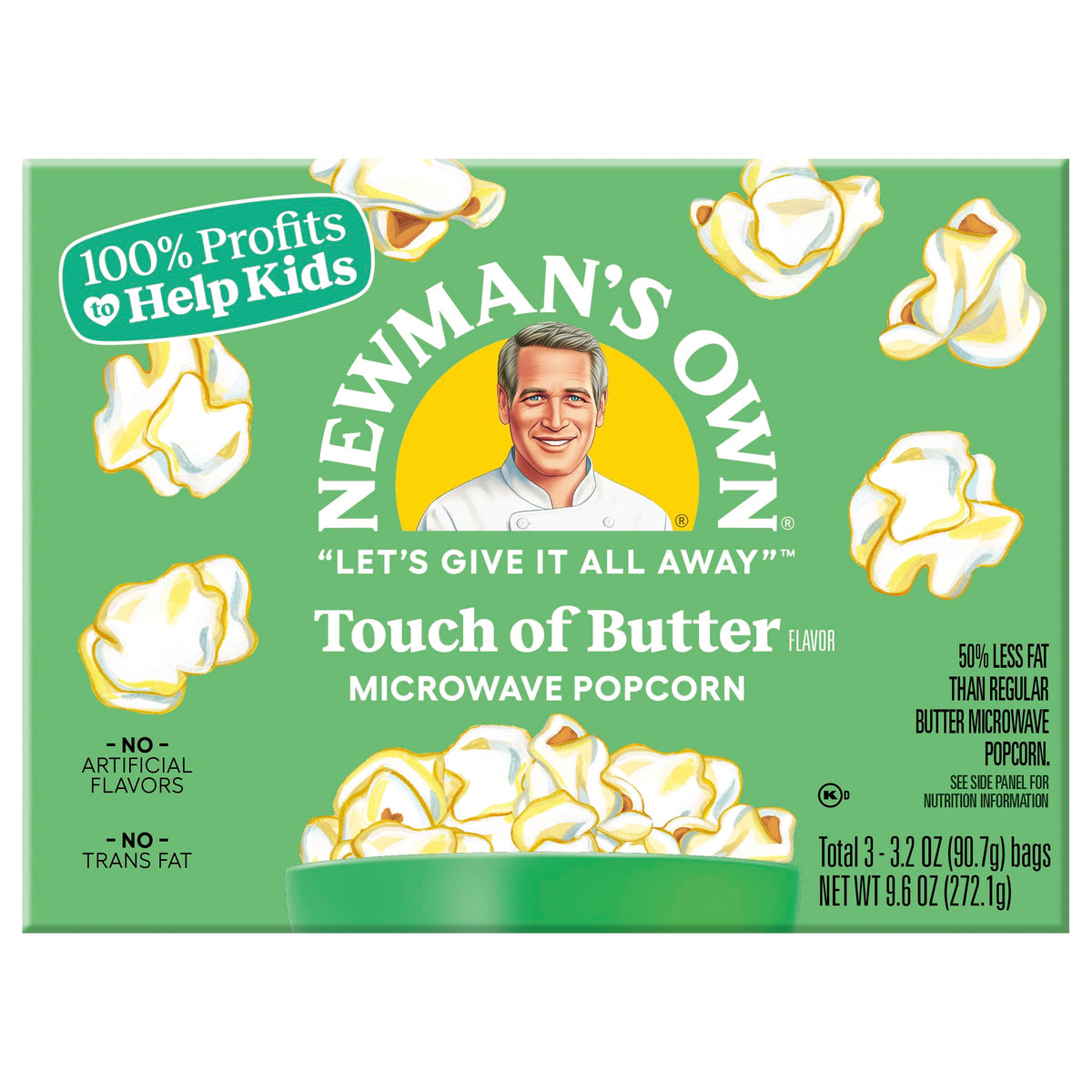 Newman's Own Touch of Butter popcorn bag close-up highlighting light butter flavor.