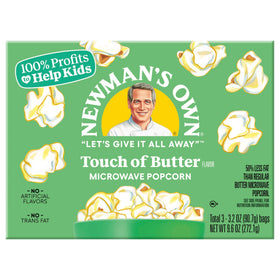 Newman's Own Touch of Butter popcorn bag close-up highlighting light butter flavor.
