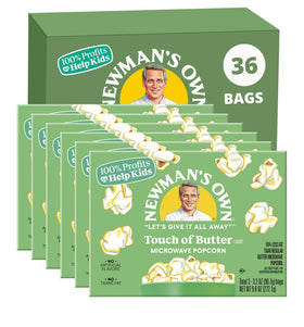 Newman's Own Touch of Butter popcorn packaging shown for a family movie night, gluten-free and wholesome.