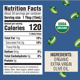 Newman's Own EVOO label shows USDA Organic certification and quality standards.