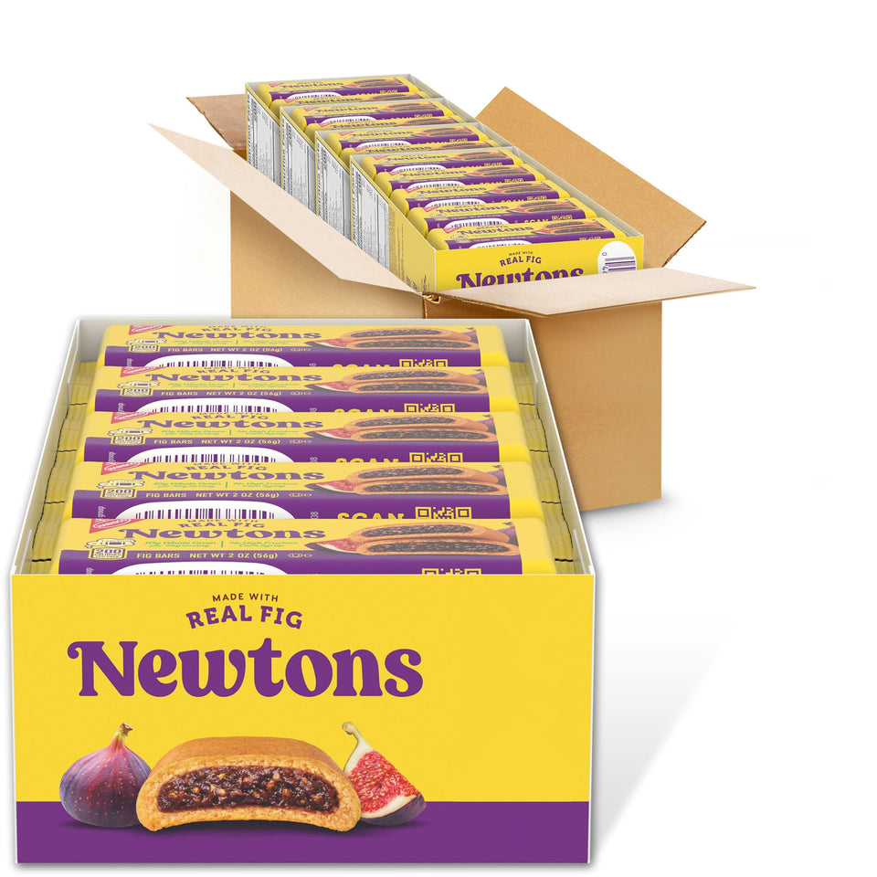 Newtons Fig Bars packaging showing soft fruit cookies for on-the-go snacking.