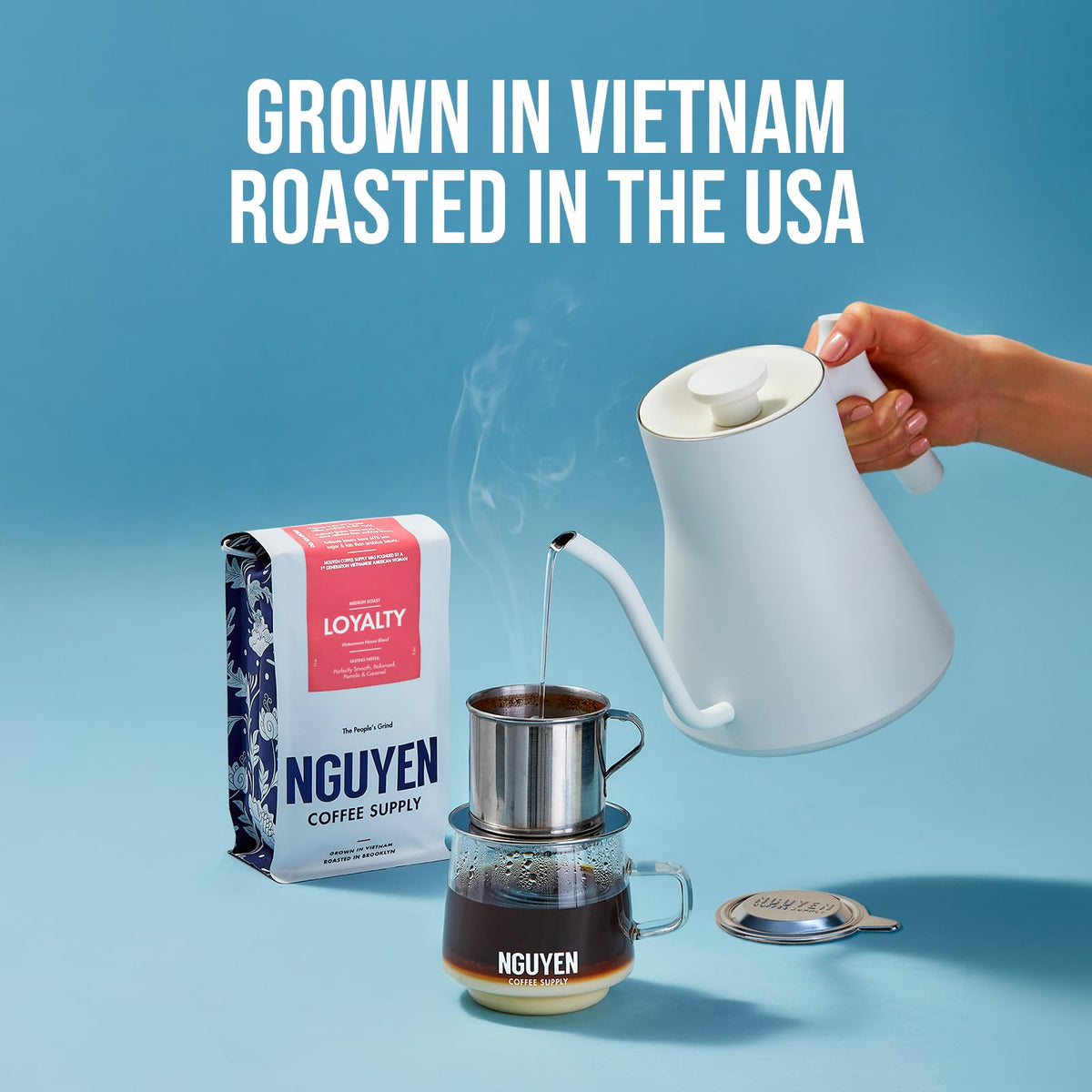 Nguyen Coffee Supply Brooklyn roast packaging highlighting direct-trade origin.