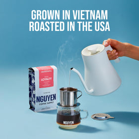 Nguyen Coffee Supply Brooklyn roast packaging highlighting direct-trade origin.