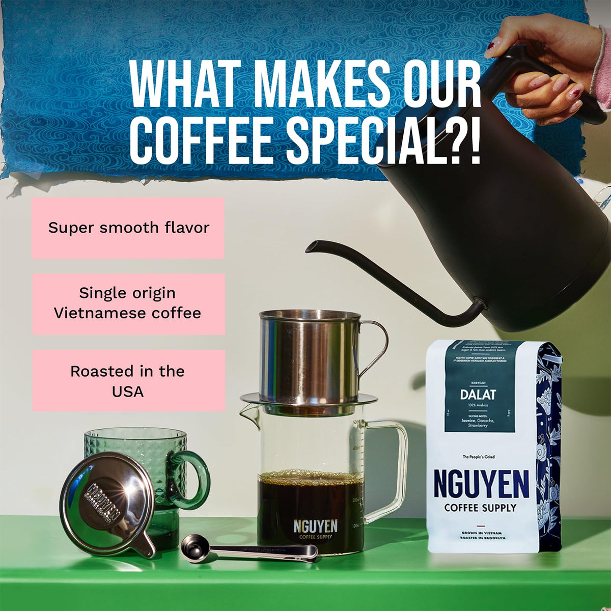 Nguyen Coffee Supply Dalat Arabica bag beside moka pot for manual brew